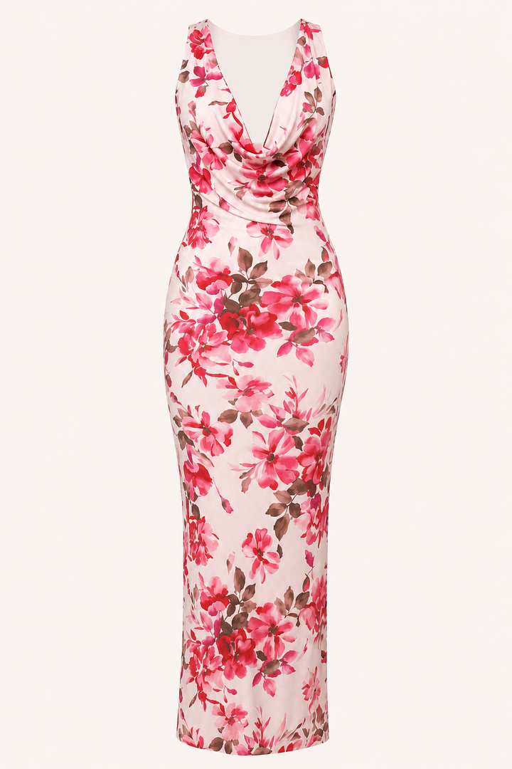 Robe longue pour femme à motif floral et encolure drapée - Peony