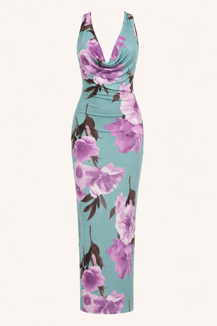 Robe longue pour femme à motif floral et encolure drapée - Peony
