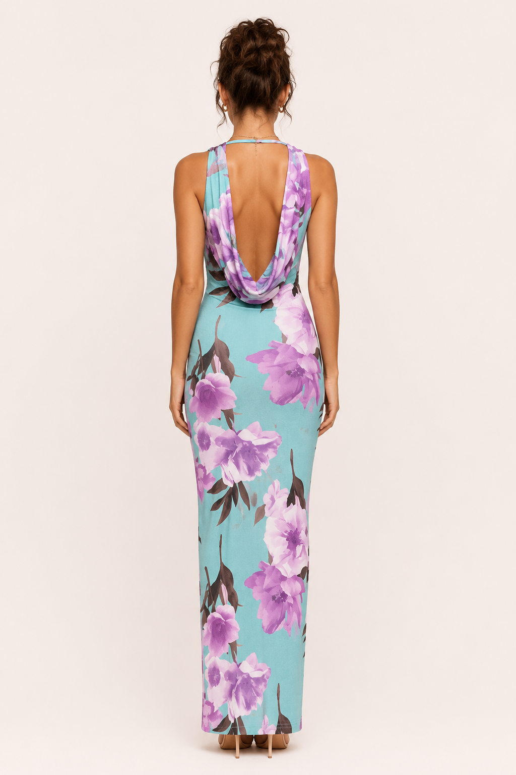 Robe longue pour femme à motif floral et encolure drapée - Peony