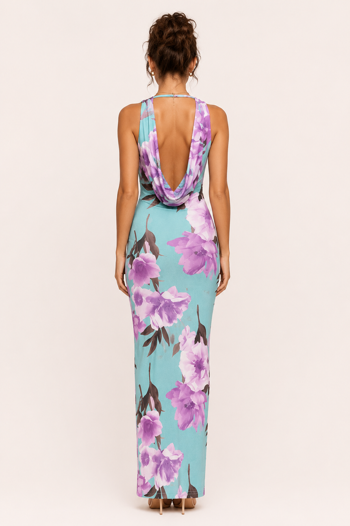 Robe longue pour femme à motif floral et encolure drapée - Peony