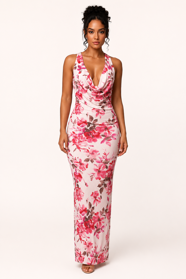 Robe longue pour femme à motif floral et encolure drapée - Peony