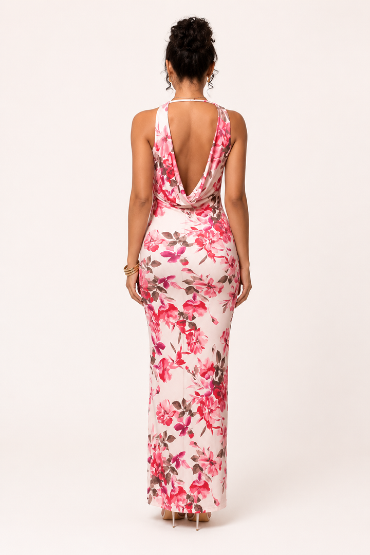 Robe longue pour femme à motif floral et encolure drapée - Peony