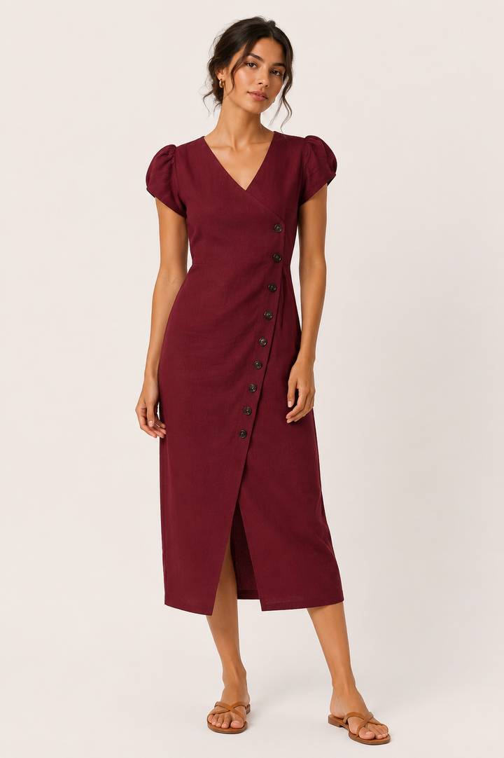 Robe midi pour femme, encolure en V et boutons - Gisela