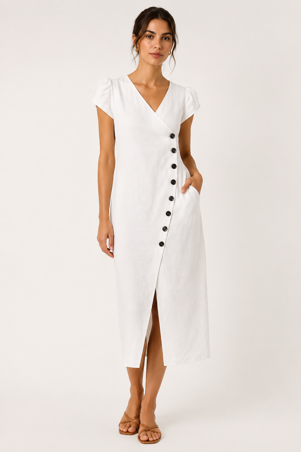 Robe midi pour femme, encolure en V et boutons - Gisela