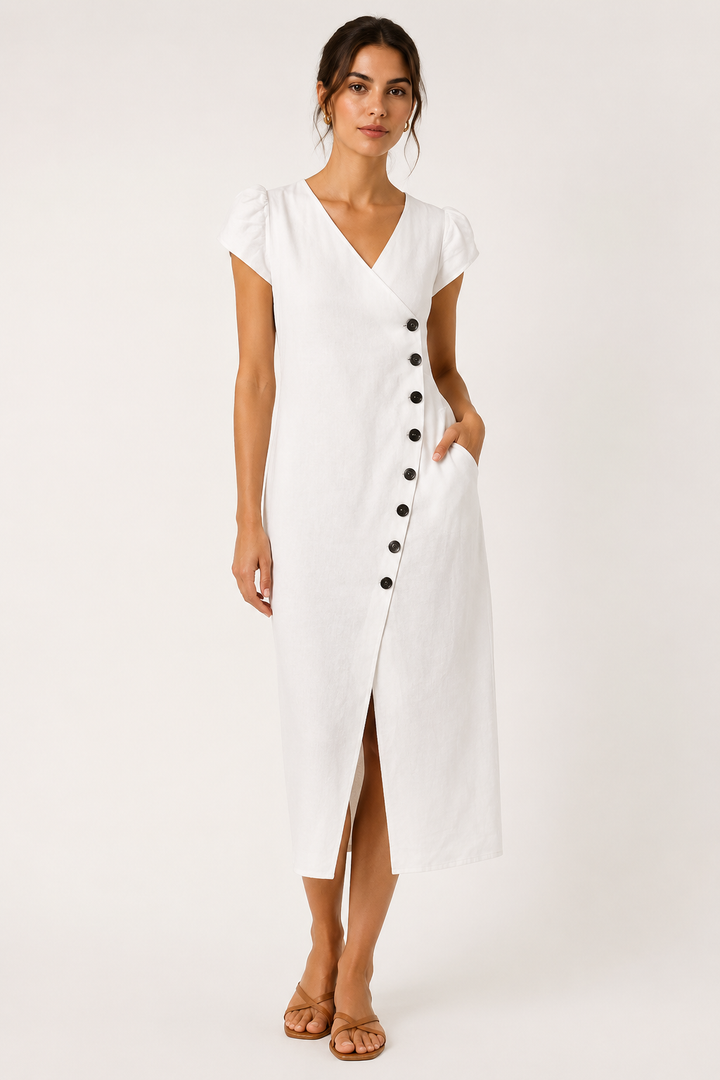 Robe midi pour femme, encolure en V et boutons - Gisela