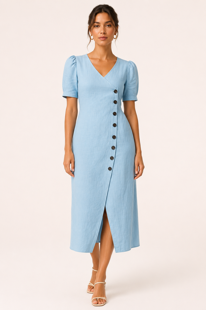 Robe midi pour femme, encolure en V et boutons - Gisela