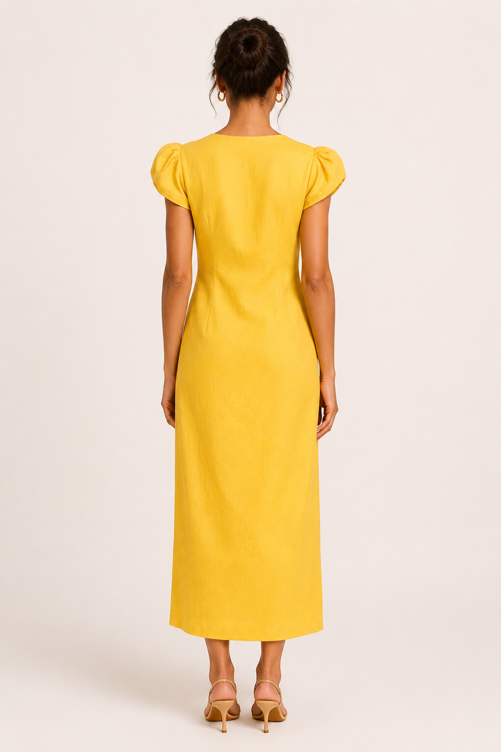 Robe midi pour femme, encolure en V et boutons - Gisela