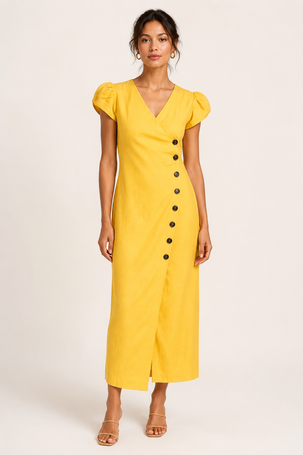 Robe midi pour femme, encolure en V et boutons - Gisela