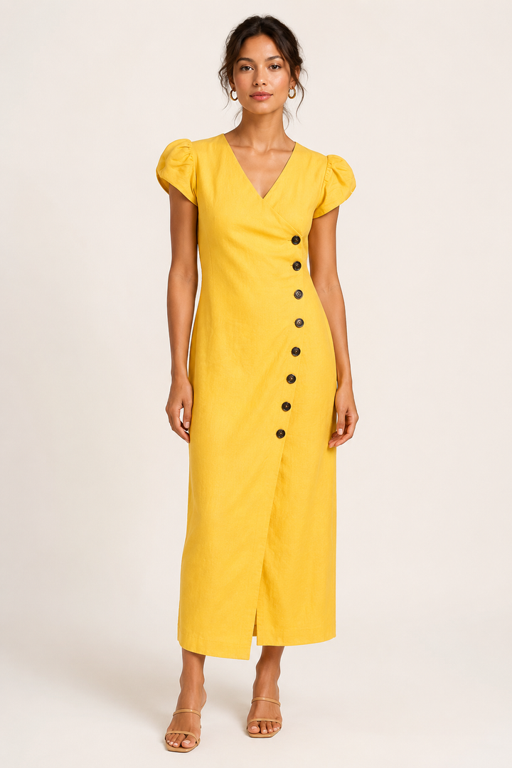 Robe midi pour femme, encolure en V et boutons - Gisela