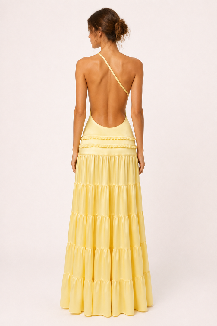 Robe longue élégante à une épaule avec jupe à volants - Lisbos