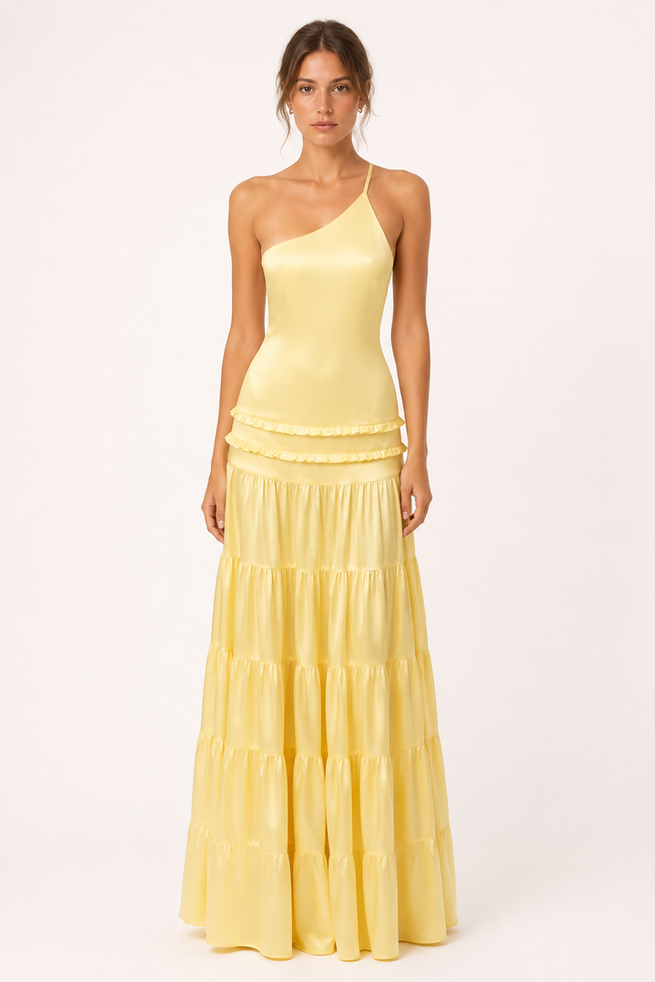 Robe longue élégante à une épaule avec jupe à volants - Lisbos