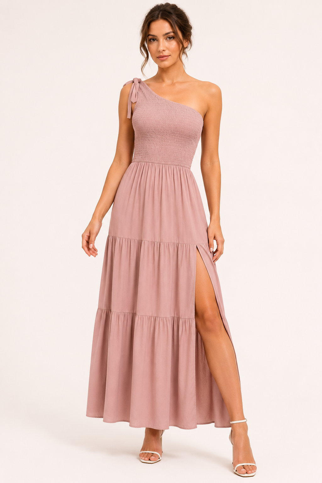 Robe longue pour femme, une épaule, nœud et fente - Karla