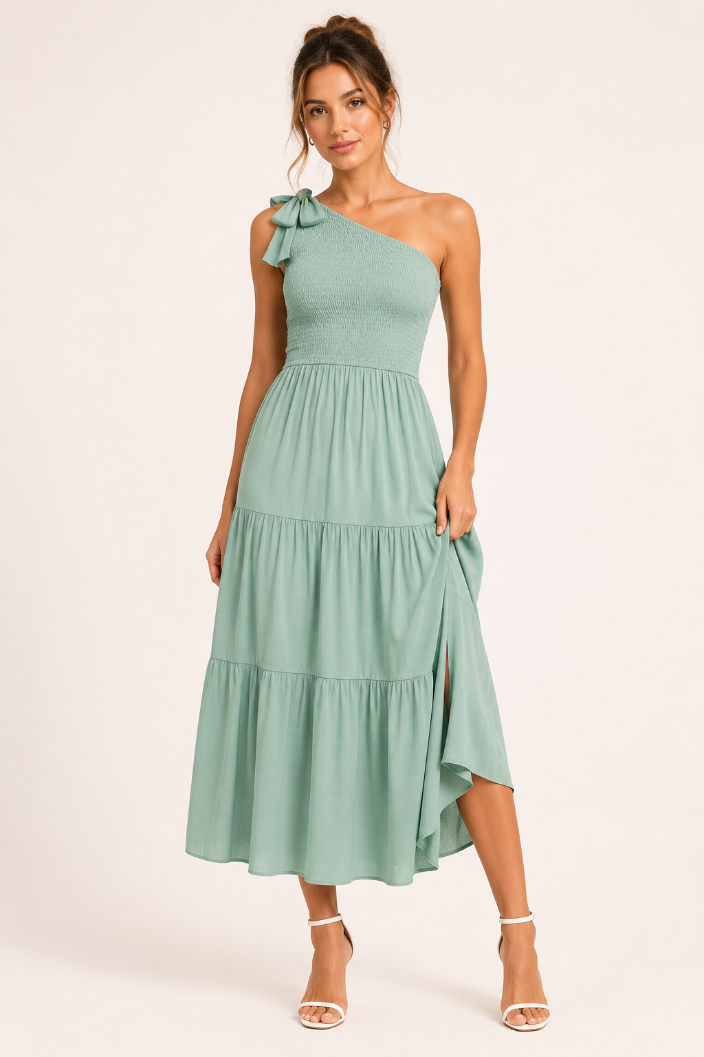 Robe longue pour femme, une épaule, nœud et fente - Karla