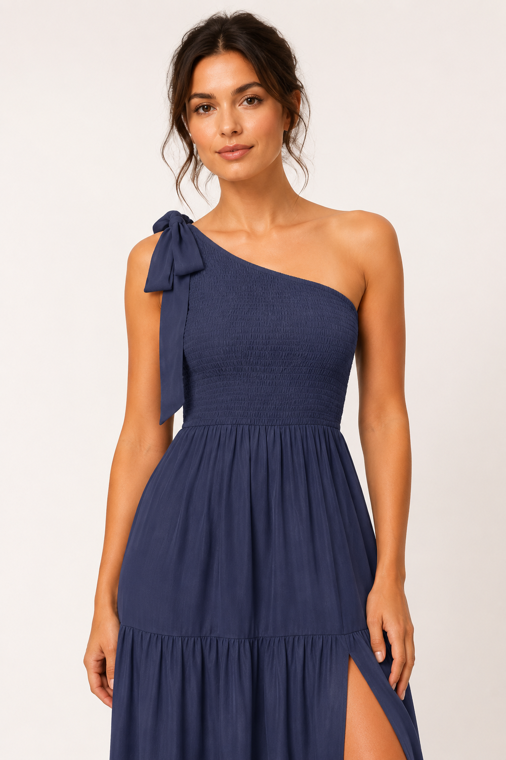 Robe longue pour femme, une épaule, nœud et fente - Karla