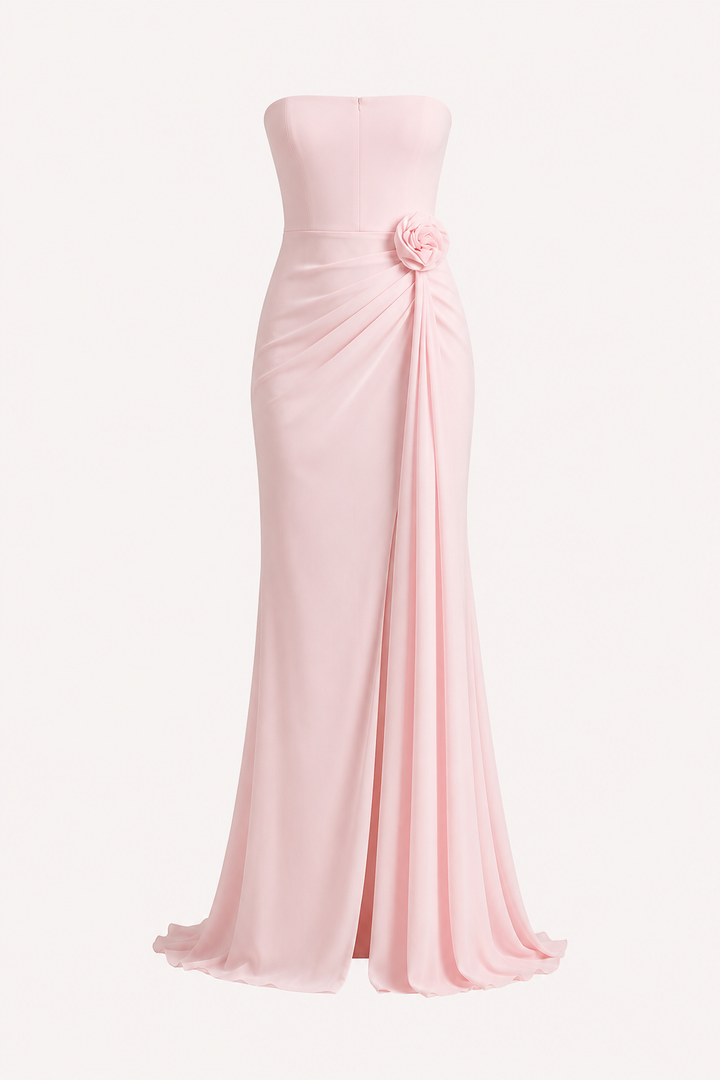 Robe longue pour femme, sans bretelles, drapée et fendue - Monika