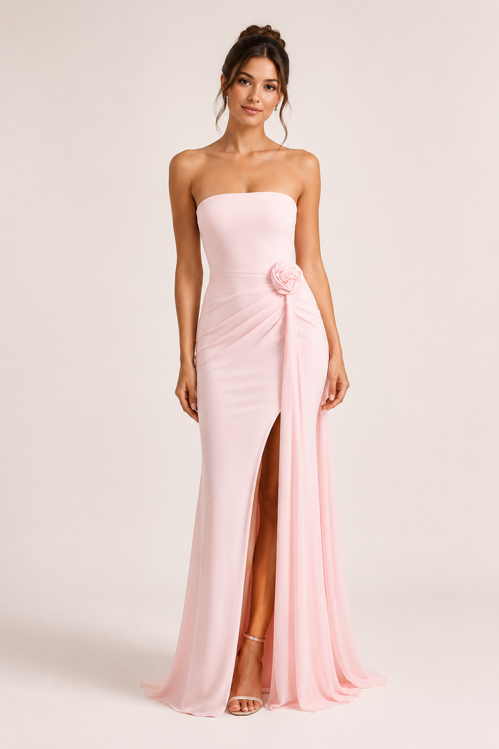 Robe longue pour femme, sans bretelles, drapée et fendue - Monika