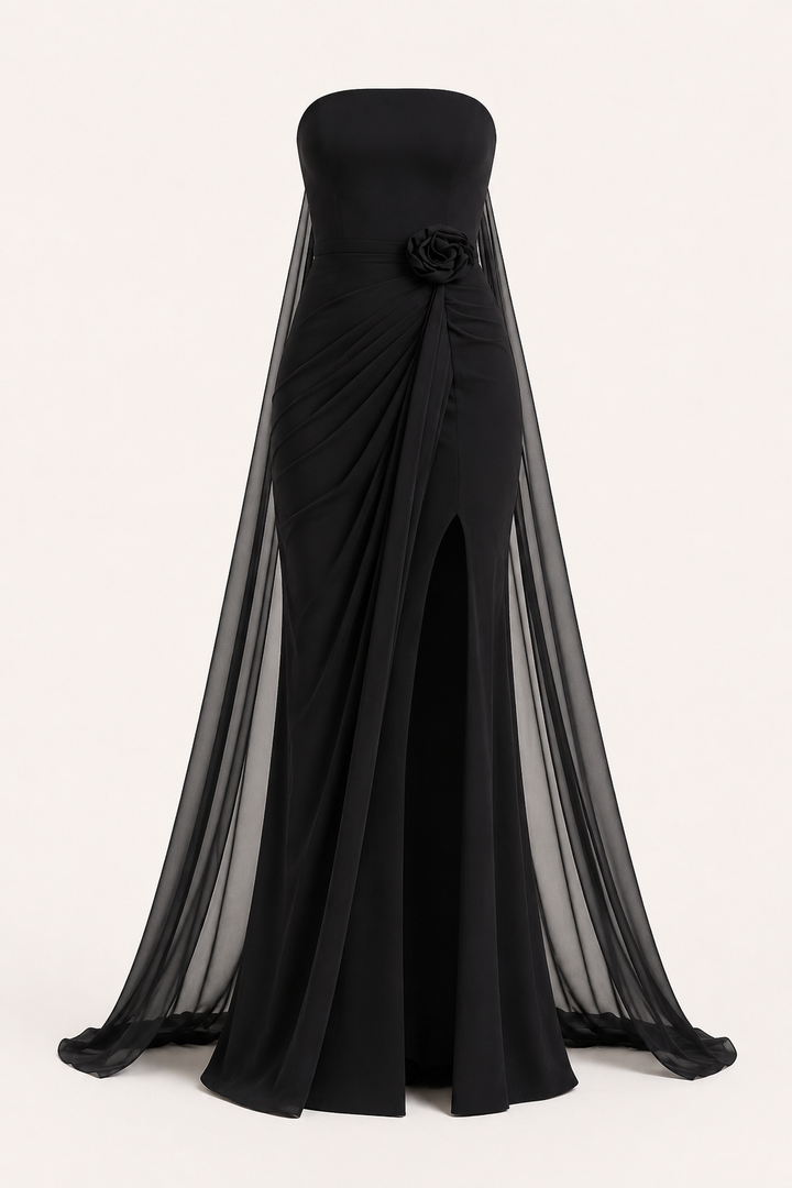 Robe longue pour femme, sans bretelles, drapée et fendue - Monika