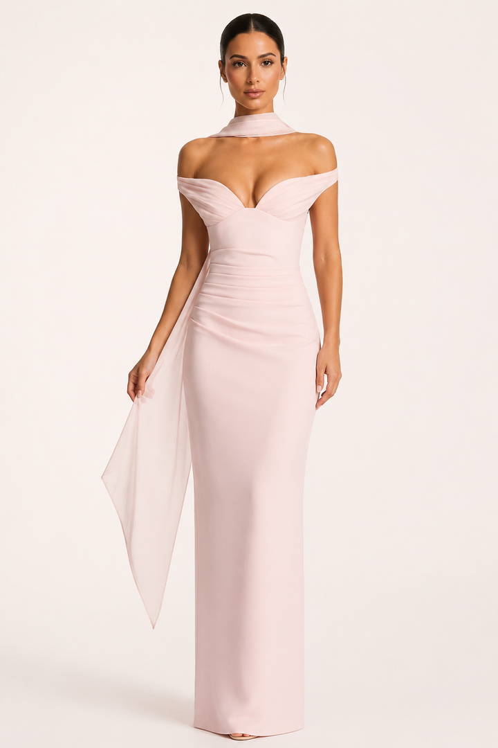 Robe de soirée longue pour femme, avec décolleté Bardot et châle - Fanny