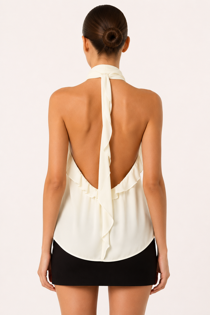 Blouse femme à col haut et volants, style halter - Greta