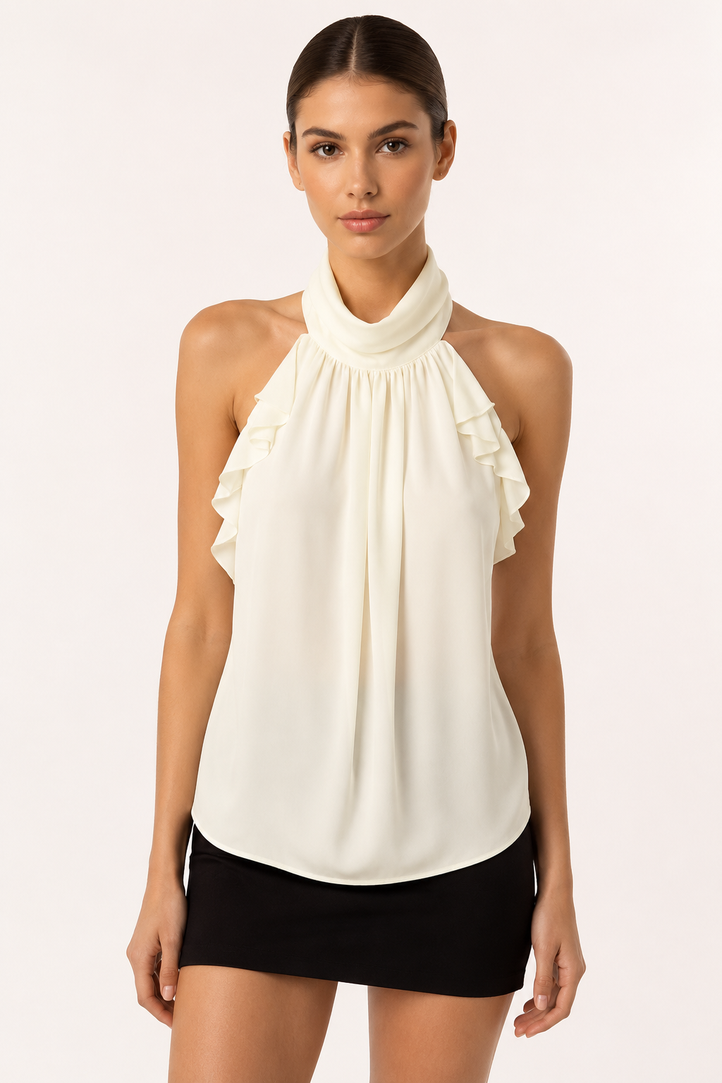Blouse femme à col haut et volants, style halter - Greta