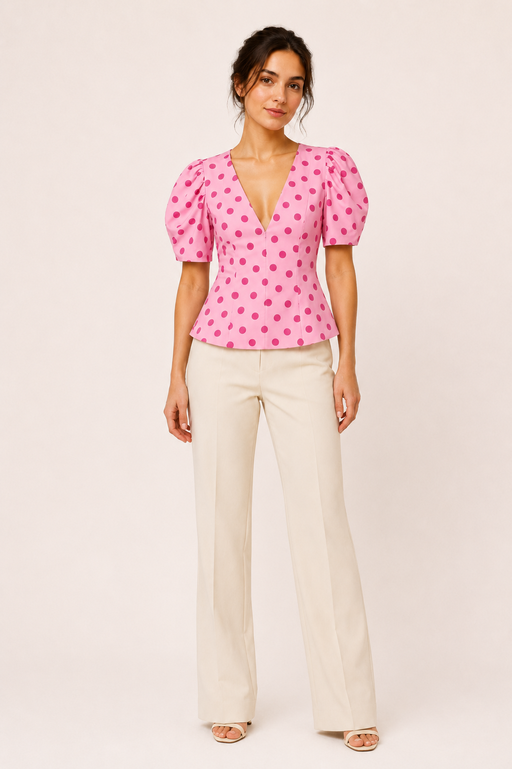 Blouse femme à encolure en V, à pois et à manches bouffantes - Romy