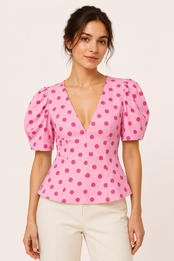 Blouse femme à encolure en V, à pois et à manches bouffantes - Romy