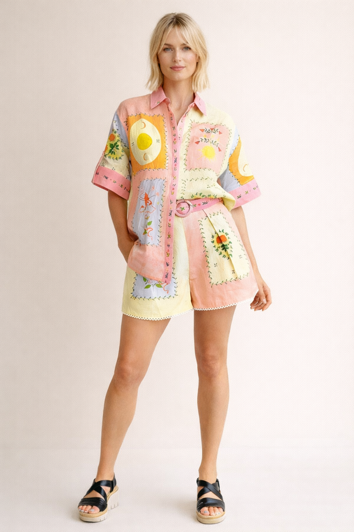 Ensemble imprimé en lin avec short confortable pour femmes - Monroe