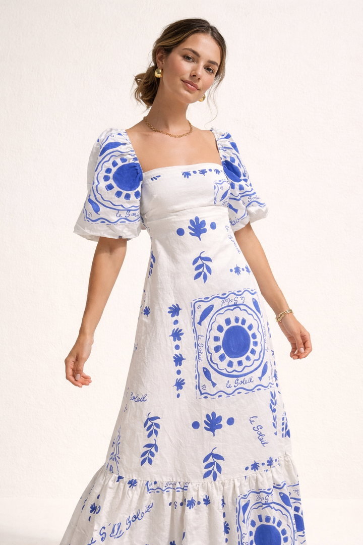 Robe midi imprimée à encolure carrée et manches bouffantes - Soleil
