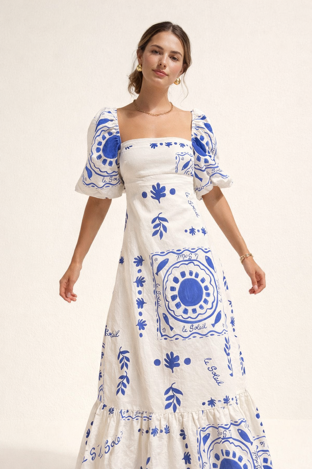 Robe midi imprimée à encolure carrée et manches bouffantes - Soleil