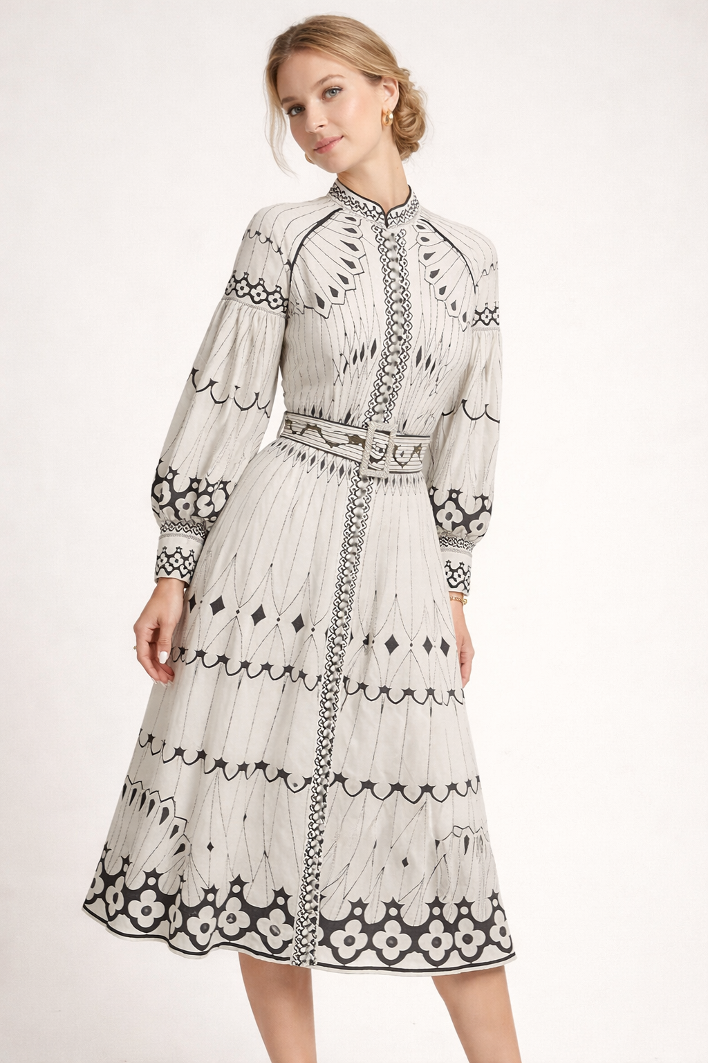 Robe midi à imprimé floral et manches lanternes pour femme - Aurelia