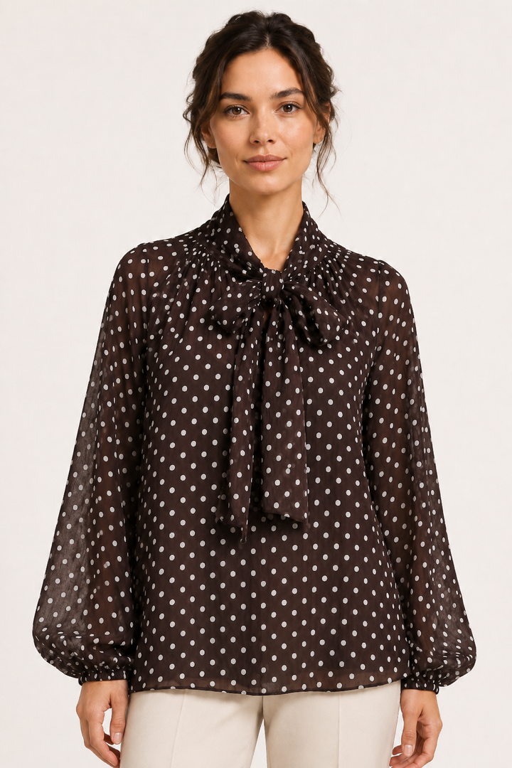 Blouse femme à pois, manches longues et nœud - Hannelore