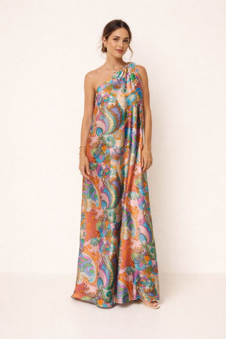 Robe longue d'été imprimée asymétrique pour femme - Kasy