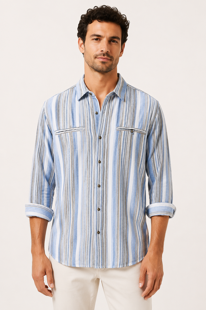 Chemise homme en coton et lin à rayures de style méditerranéen - Timo