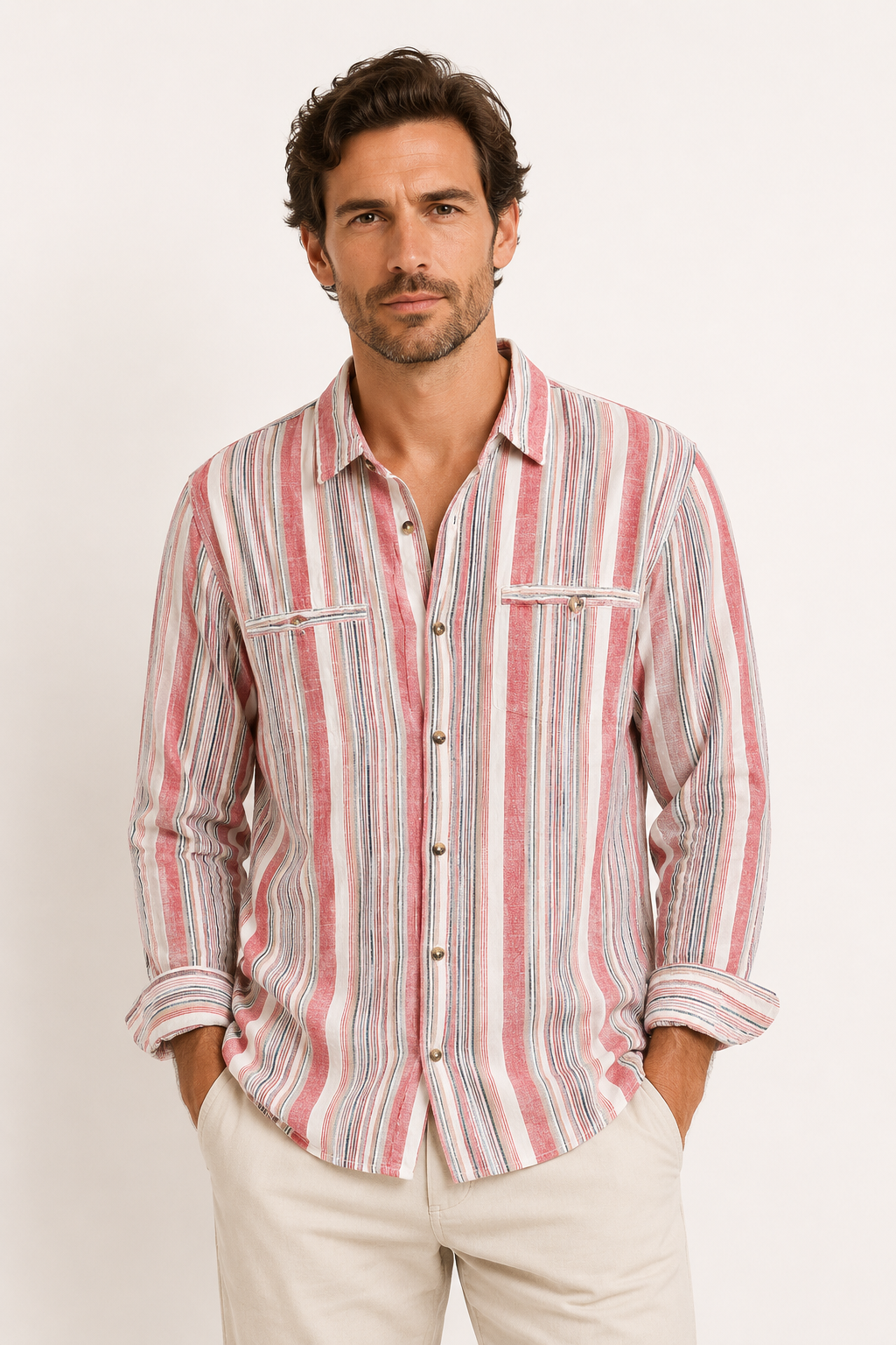 Chemise homme en coton et lin à rayures de style méditerranéen - Timo