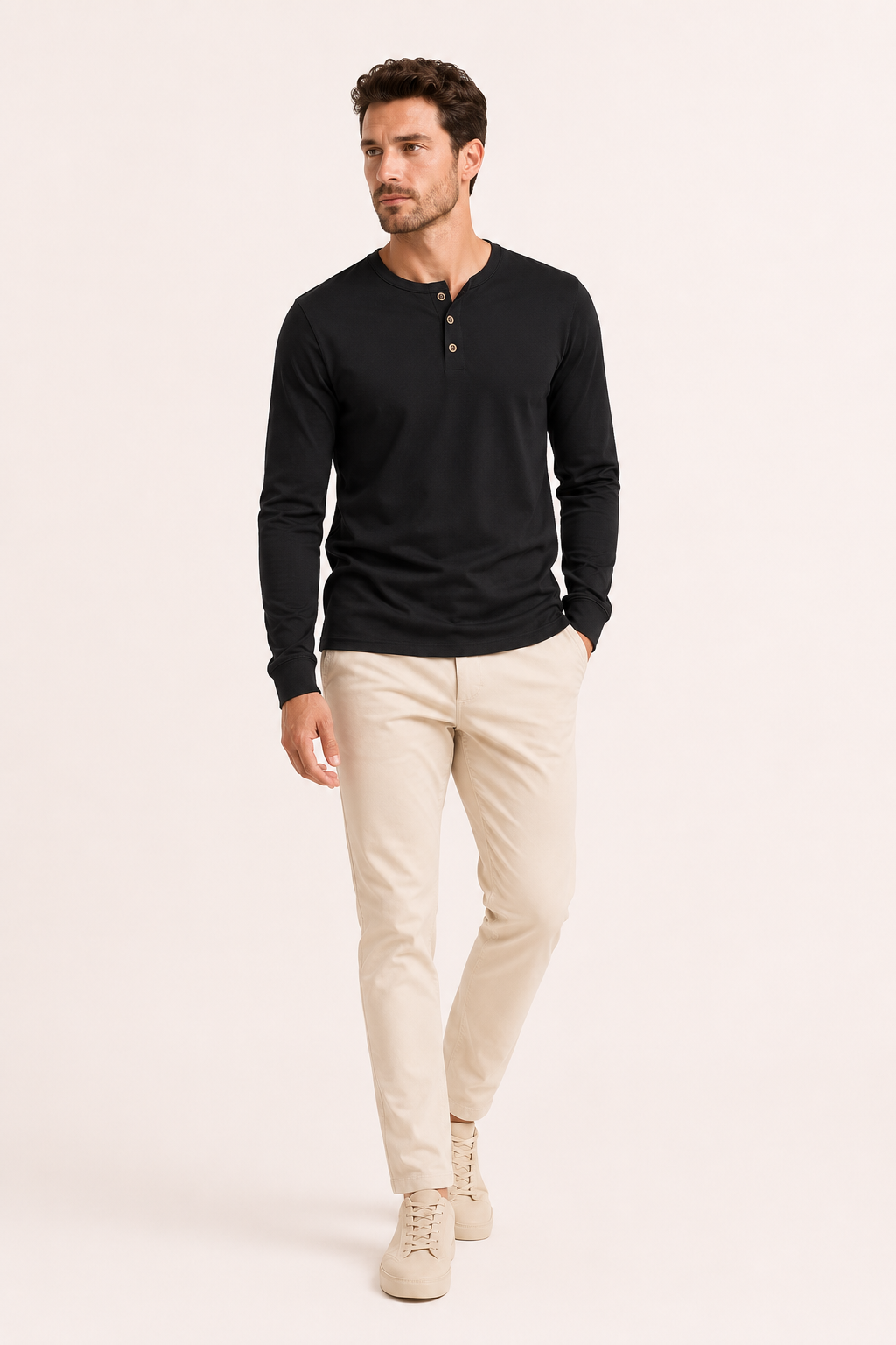T-shirt homme à manches longues, col boulanger et trois boutons - Boris