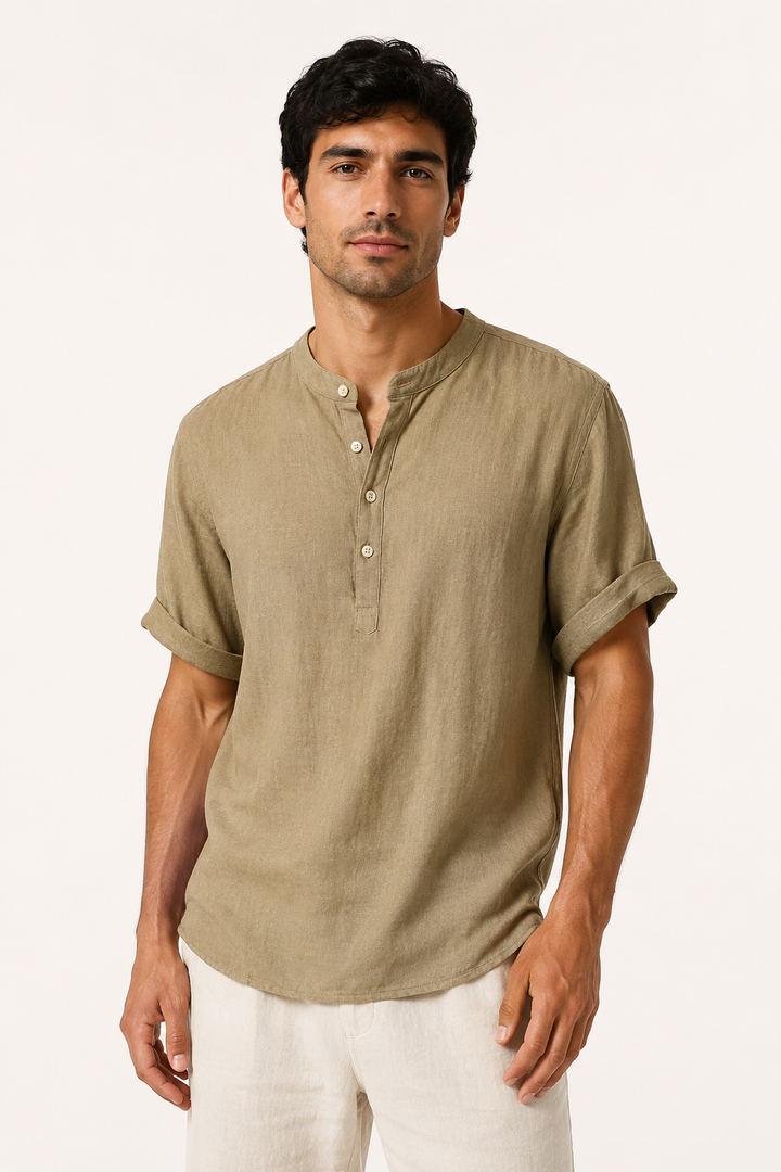 Chemise manches courtes en lin, col mao - Stefan
