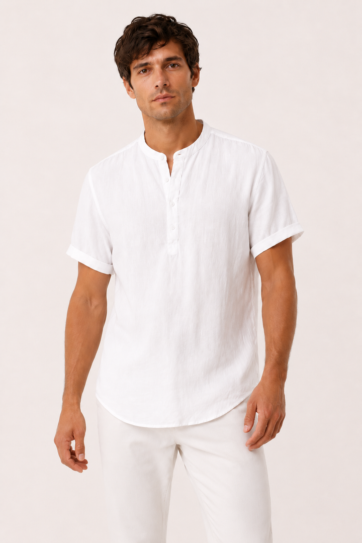Chemise manches courtes en lin, col mao - Stefan