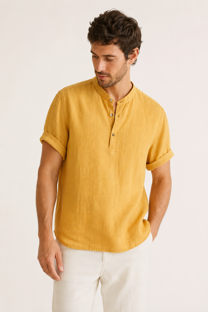Chemise manches courtes en lin, col mao - Stefan