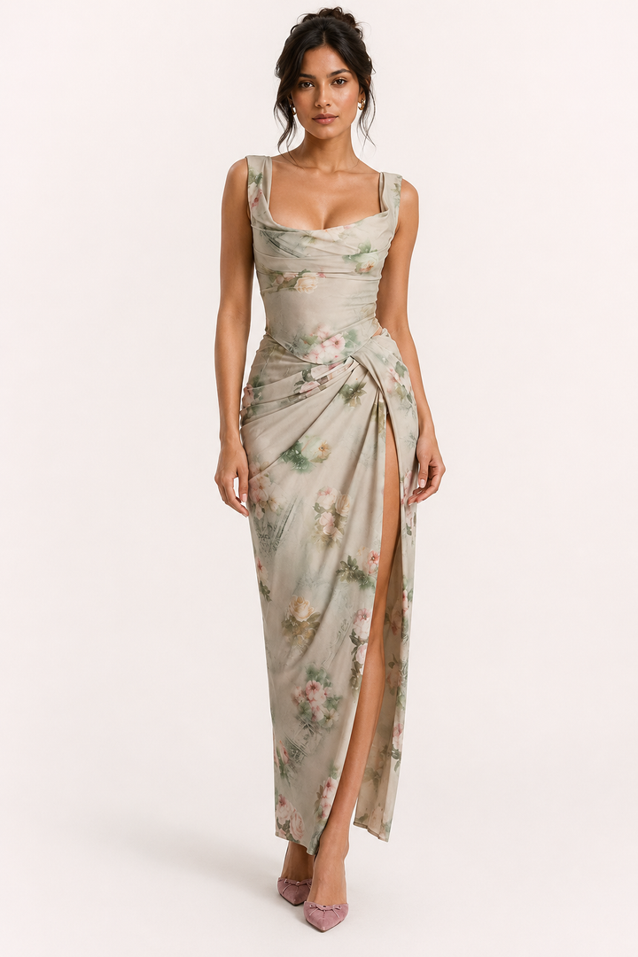 Robe longue à motifs floraux pour femme, avec fente, idéale pour les mariages - Lena