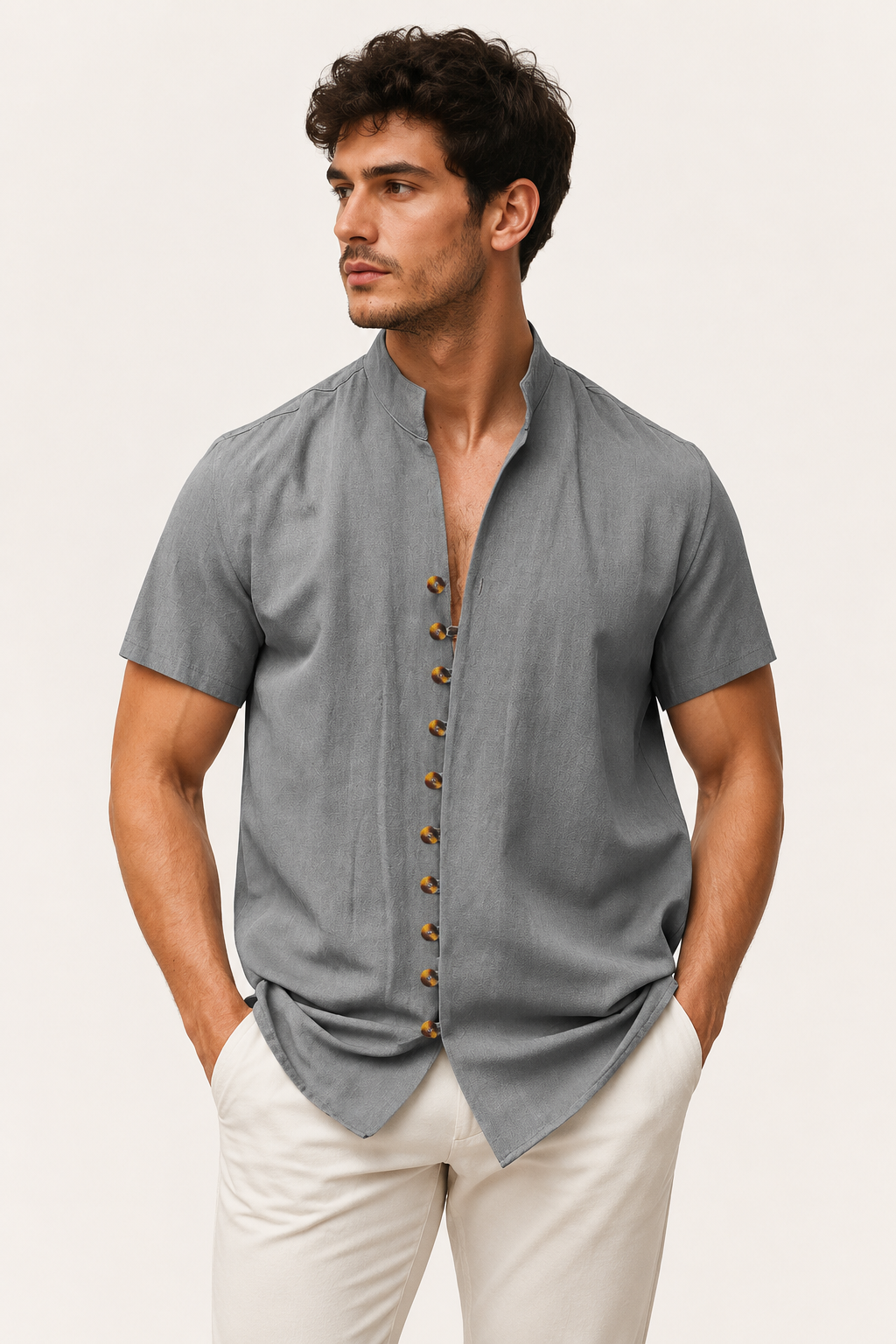 Chemise boutonnée à manches courtes pour hommes avec col mao - Lorenz