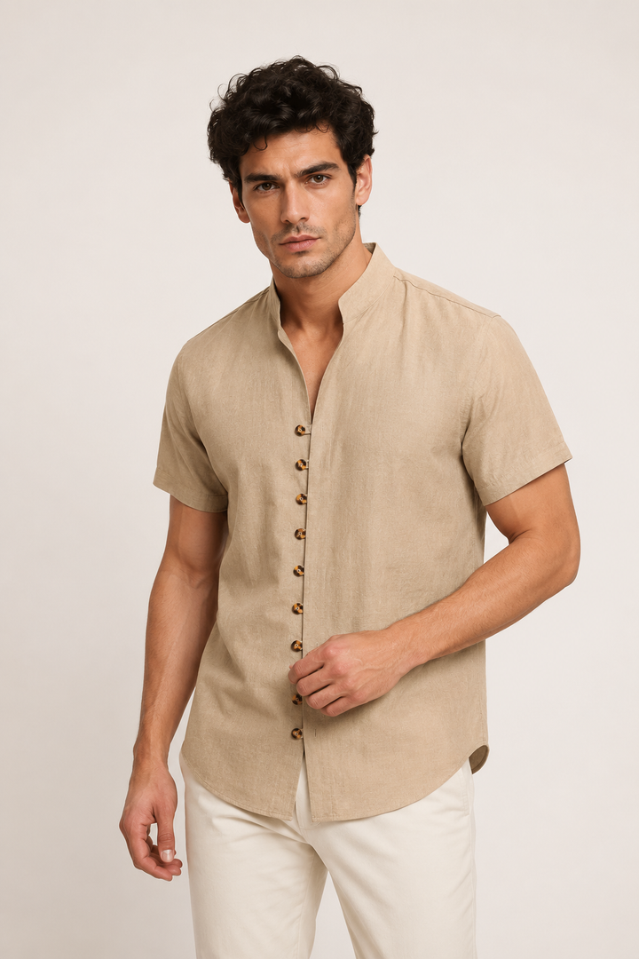 Chemise boutonnée à manches courtes pour hommes avec col mao - Lorenz