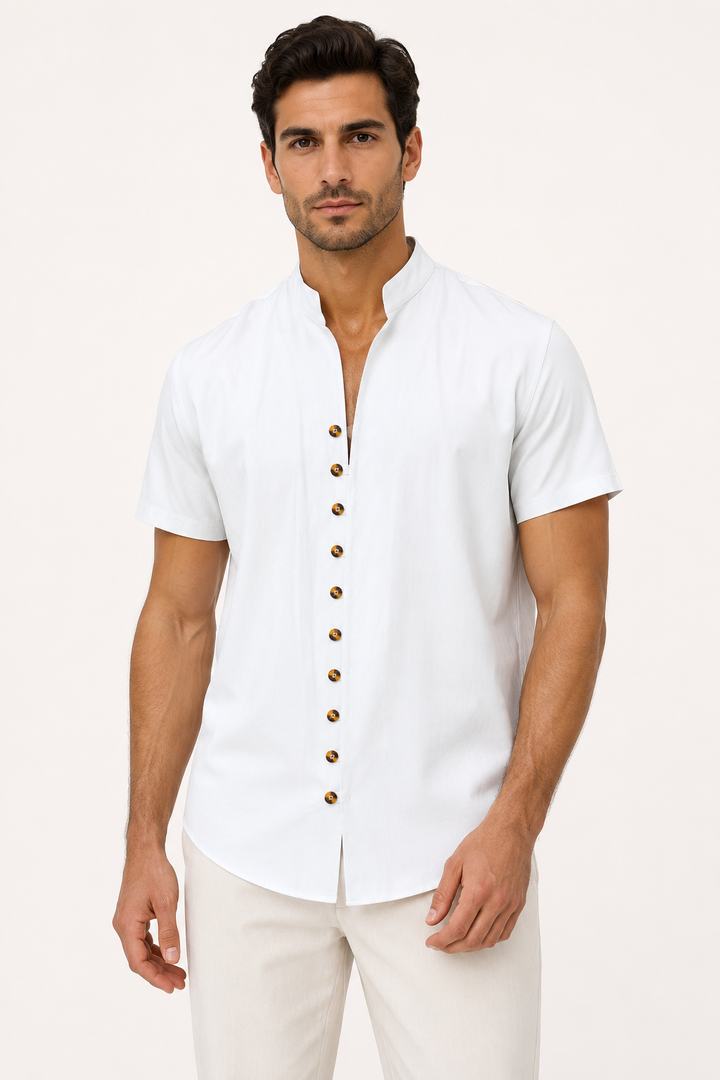 Chemise boutonnée à manches courtes pour hommes avec col mao - Lorenz
