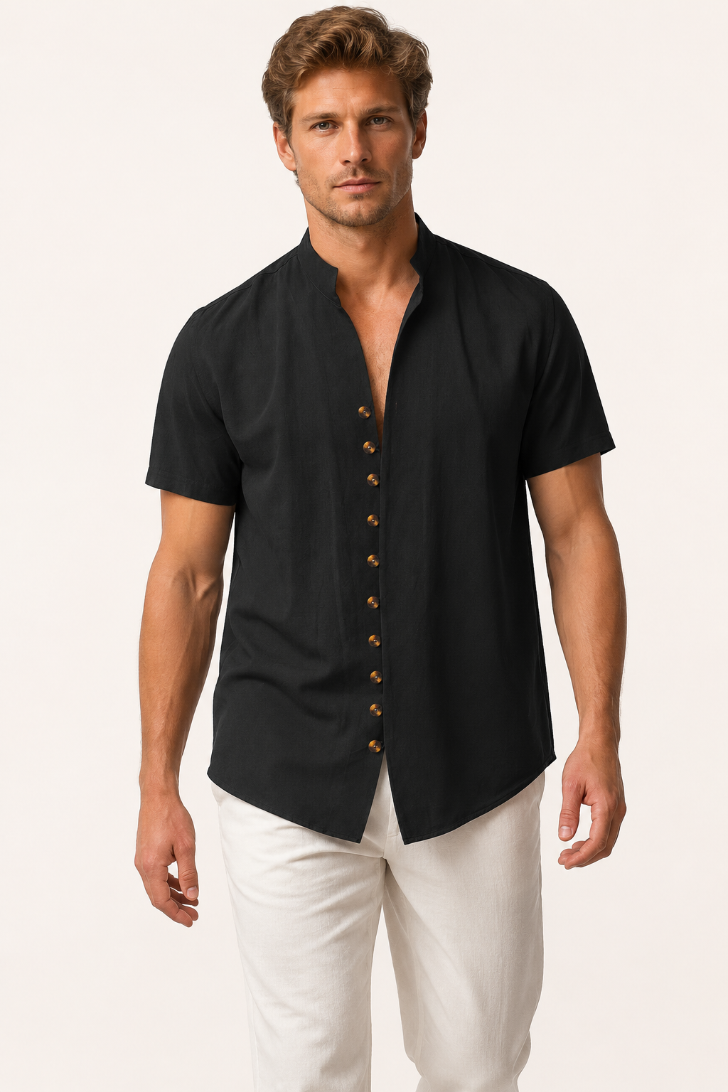 Chemise boutonnée à manches courtes pour hommes avec col mao - Lorenz