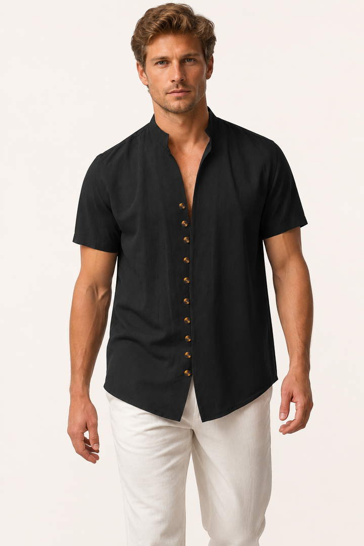 Chemise boutonnée à manches courtes pour hommes avec col mao - Lorenz