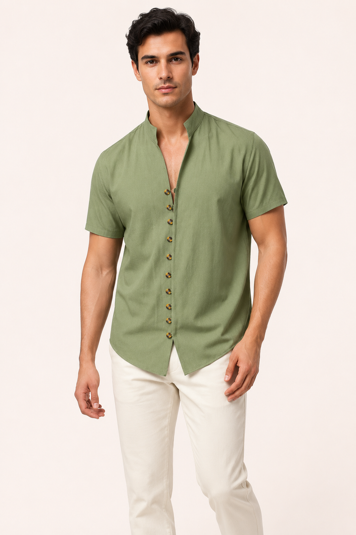 Chemise boutonnée à manches courtes pour hommes avec col mao - Lorenz