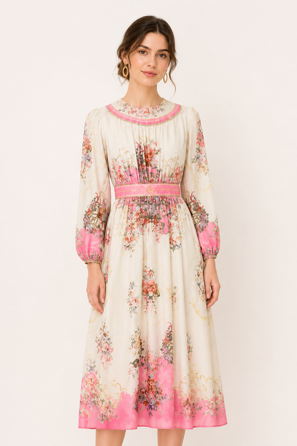 Robe midi pour femmes, manches longues, imprimé floral, coupe ajustée - Brenda