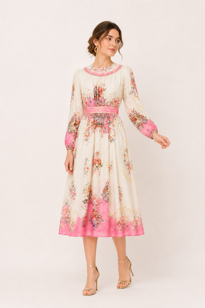 Robe midi pour femmes, manches longues, imprimé floral, coupe ajustée - Brenda