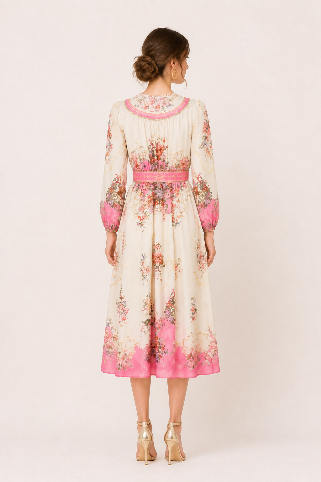 Robe midi pour femmes, manches longues, imprimé floral, coupe ajustée - Brenda