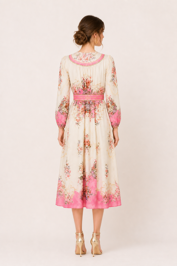 Robe midi pour femmes, manches longues, imprimé floral, coupe ajustée - Brenda