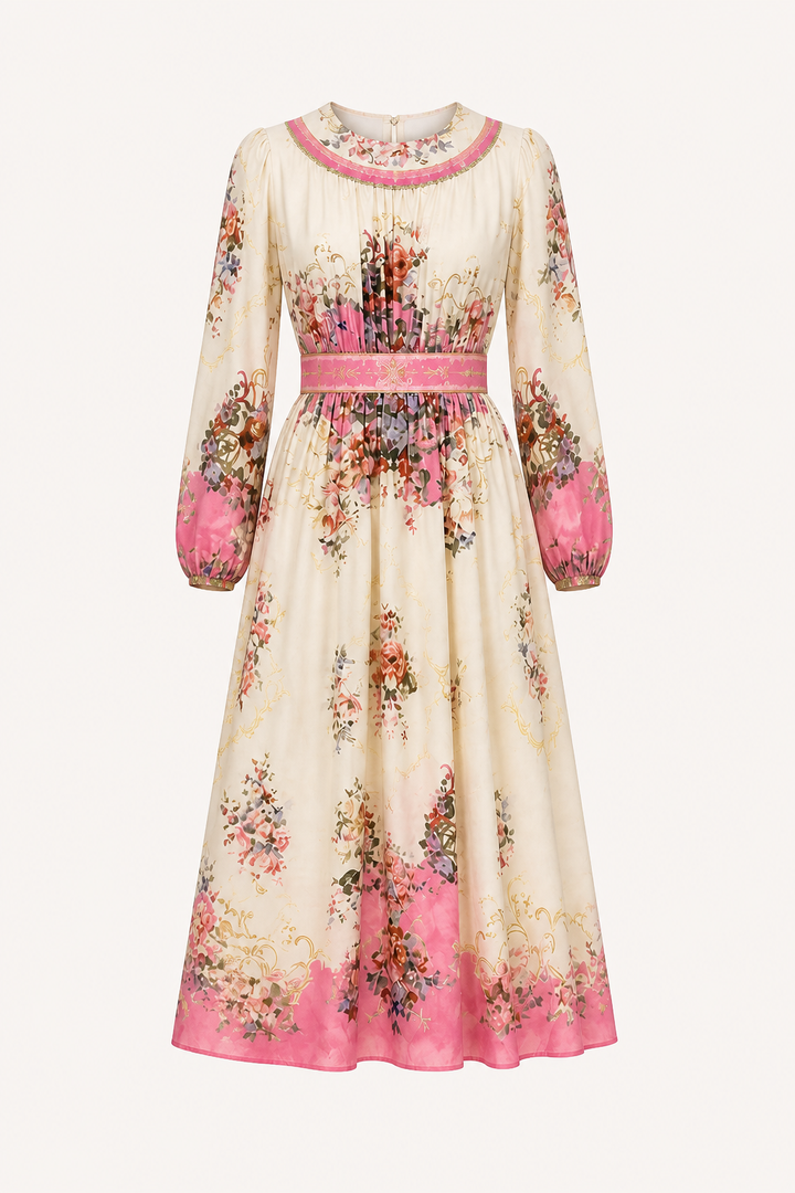 Robe midi pour femmes, manches longues, imprimé floral, coupe ajustée - Brenda